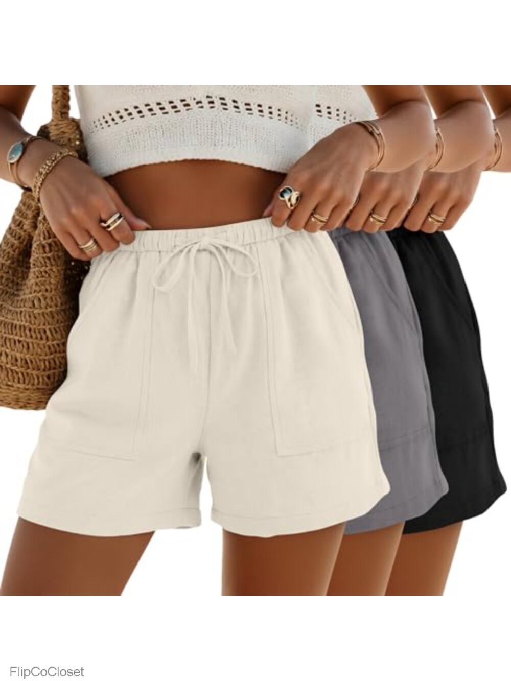 Linen Blend Drawstring Elastic Waist Summer Shorts with Pockets 3 Pack